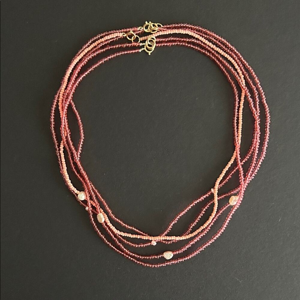 Rose and Light Pink Vintage Glass Beaded Necklaces, Gold Filled Clasps, Set of 5